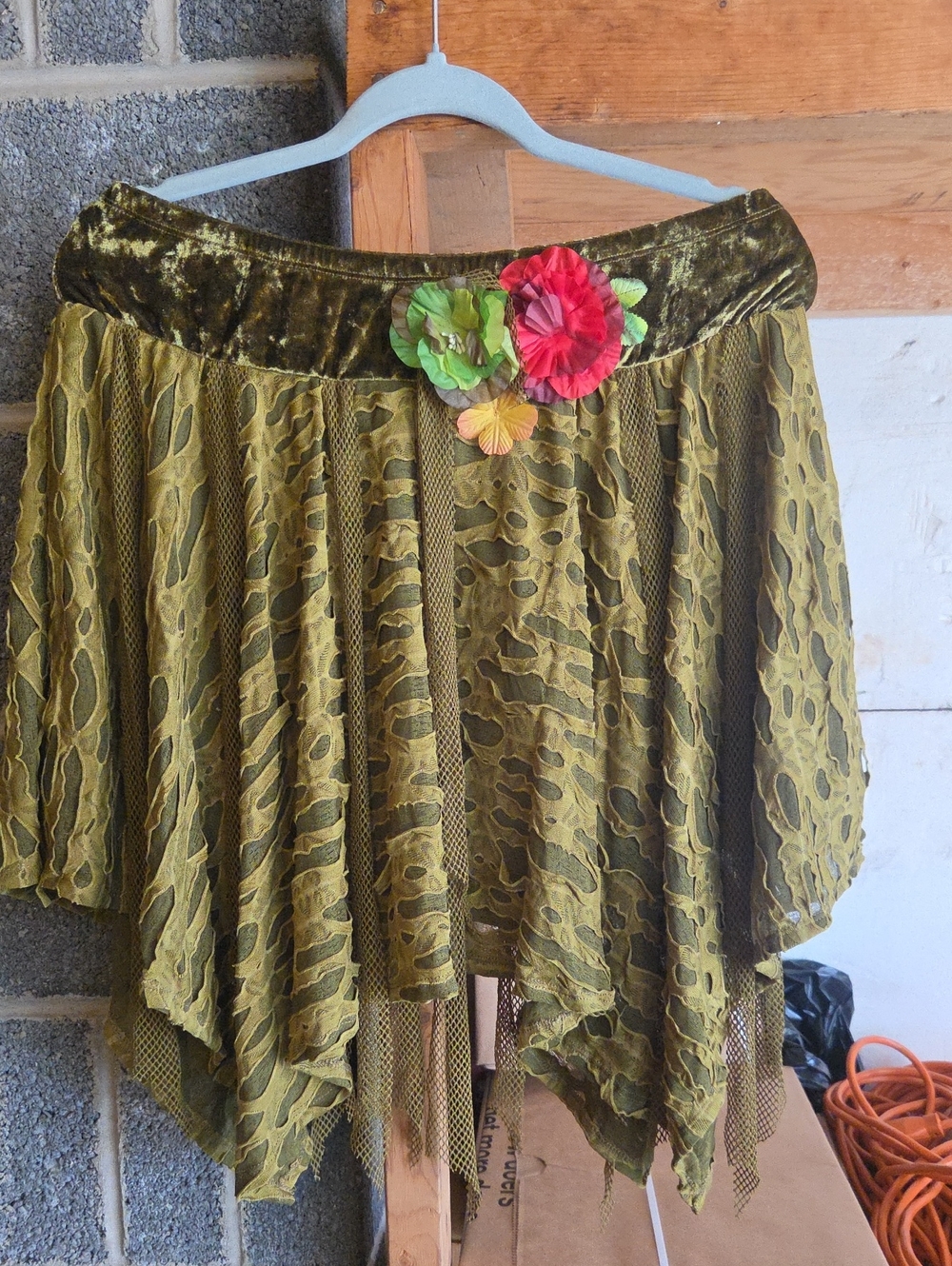 Olive Green Asymmetrical Layered Lace Skirt with Floral Accent